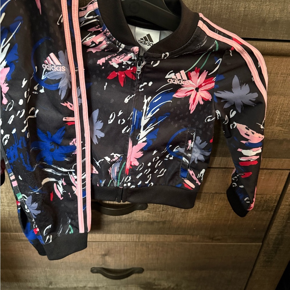 Adidas Black Floral Track Jacket with Pink and Blue Accents